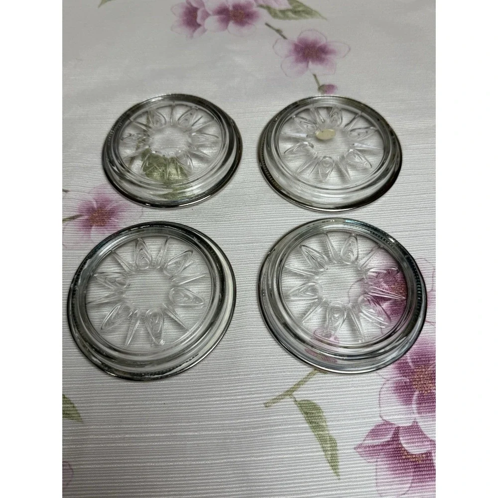 Vintage Glass Coasters Set of 4 Silver Tone Metal Rim Floral 3.5